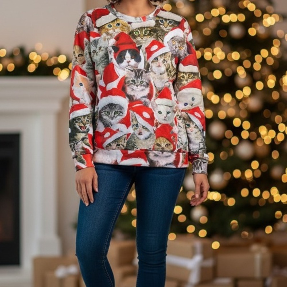 Holiday Cats Womens Shirt‎ Size Small Holiday Ugly Christmas Red Animals Kitty